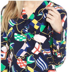 NWOT Crown & Ivy Tie Neck Flag Print Rayon Preppy Shirt M